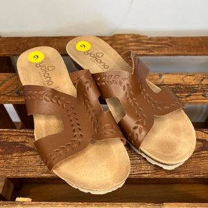 New Yokono Brown Leather Perforated Slide Slip On Sandals Women’s 9